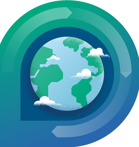 An abstract image of the Earth with directional arrows revolving around in a clockwise direction